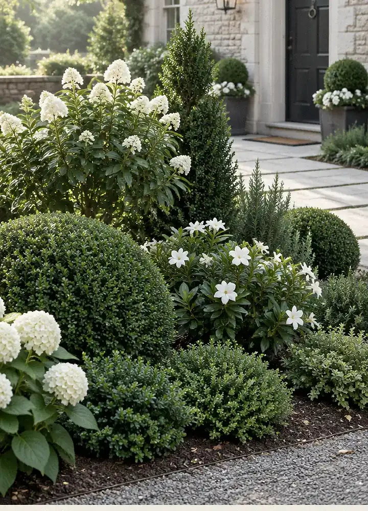 Formal Evergreen Entry Garden with Elegant White Flowers