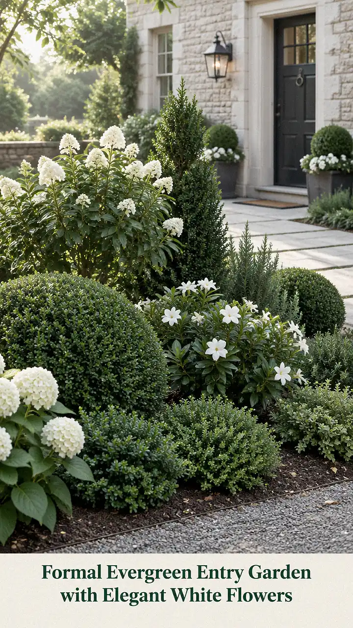 Formal Evergreen Entry Garden with Elegant White Flowers