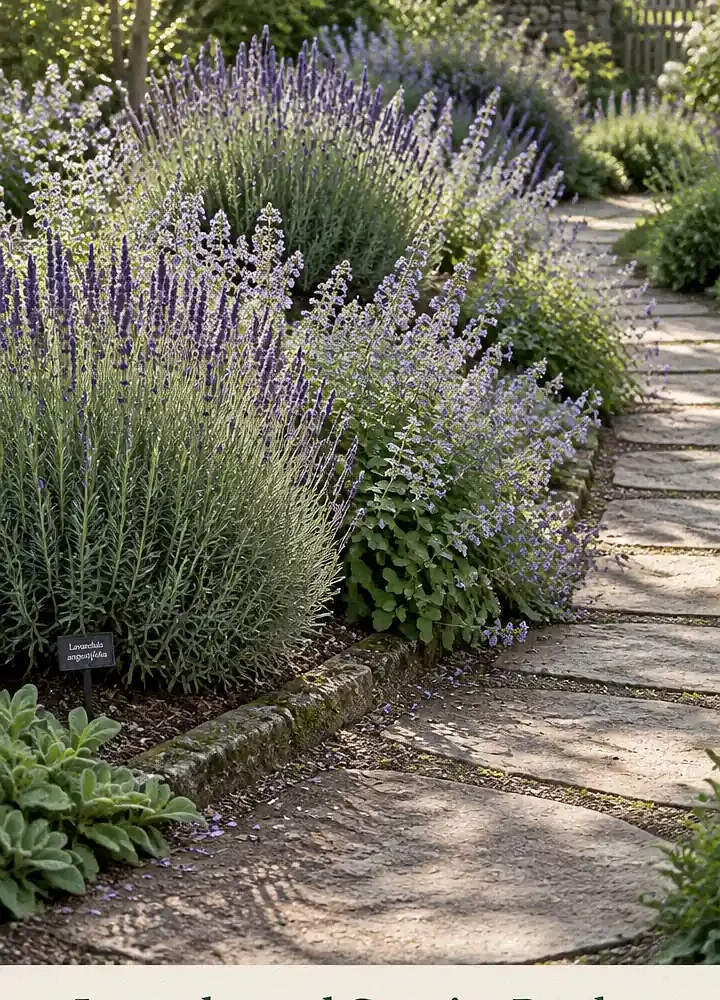 Lavender and Catmint Border Along a Curved Stone Path
