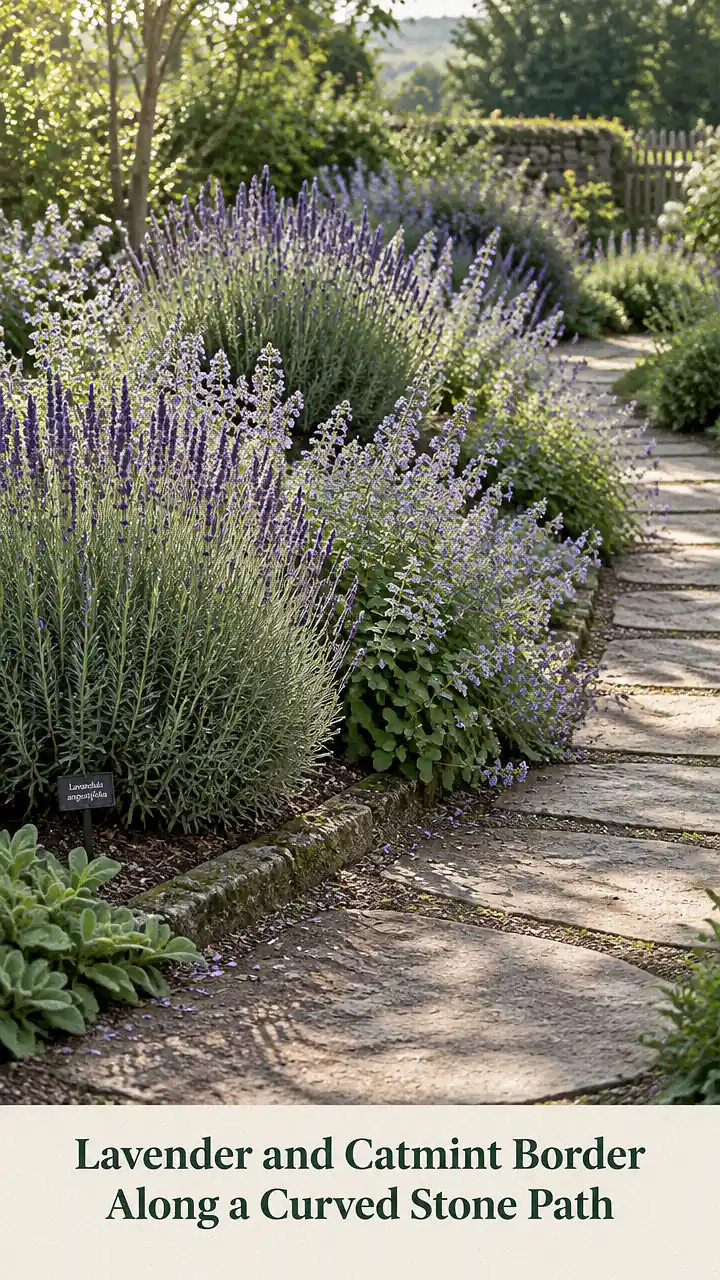 Lavender and Catmint Border Along a Curved Stone Path
