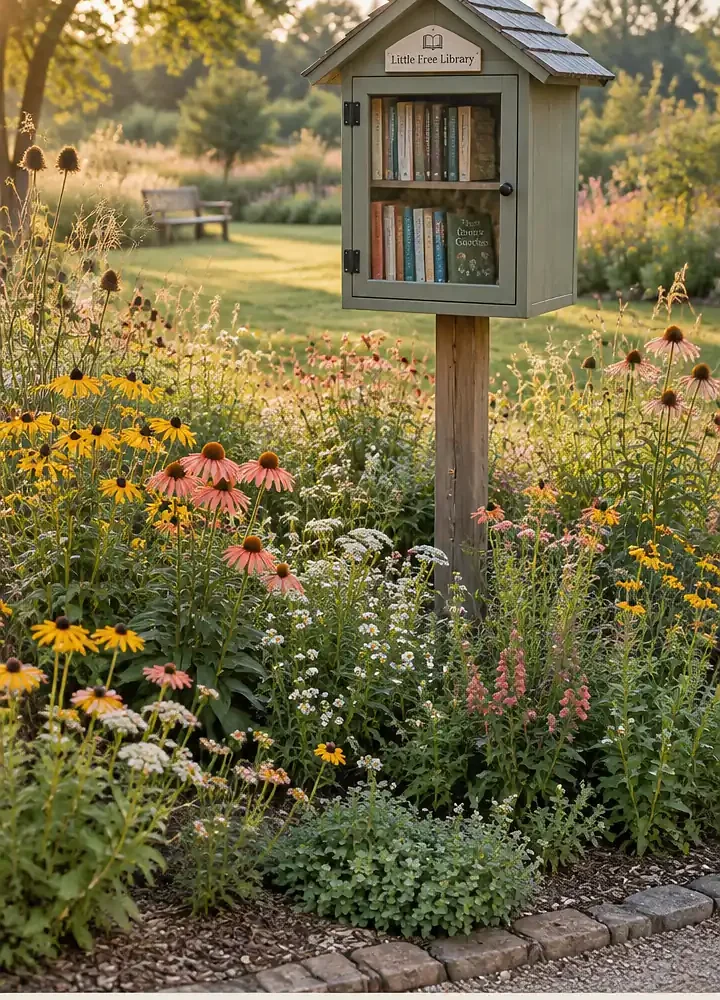 Little Free Library Garden Surrounded by Colorful Wildflowers