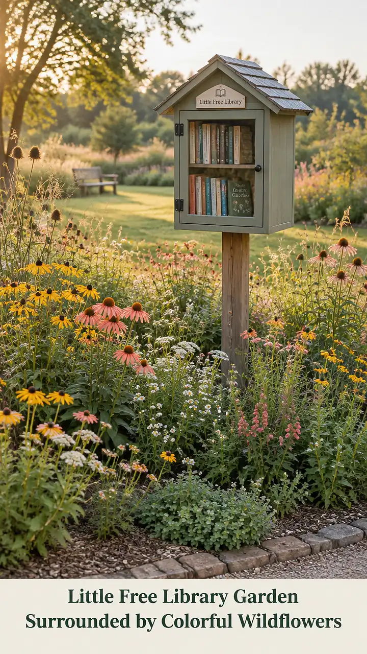 Little Free Library Garden Surrounded by Colorful Wildflowers