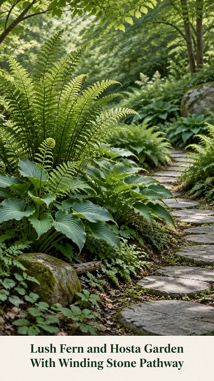 Lush Fern and Hosta Garden With Winding Stone Pathway