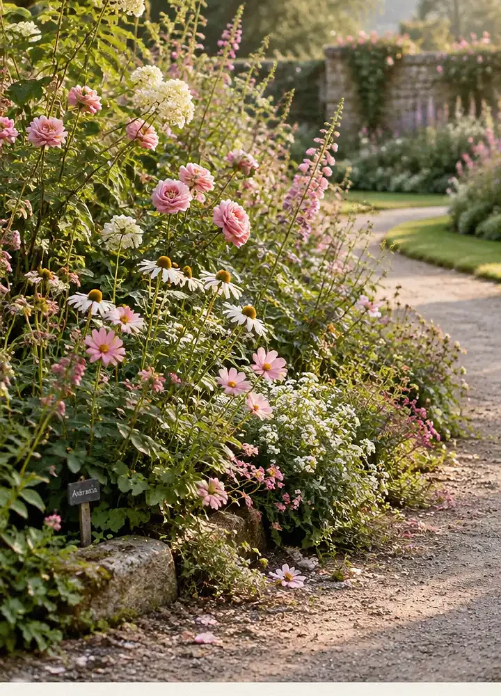Overflowing Cottage Flower Beds Along a Winding Path