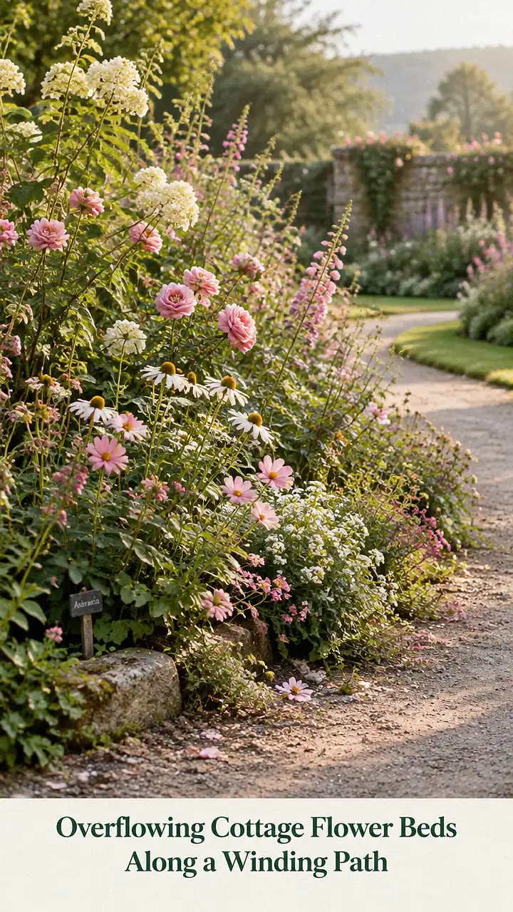 Overflowing Cottage Flower Beds Along a Winding Path