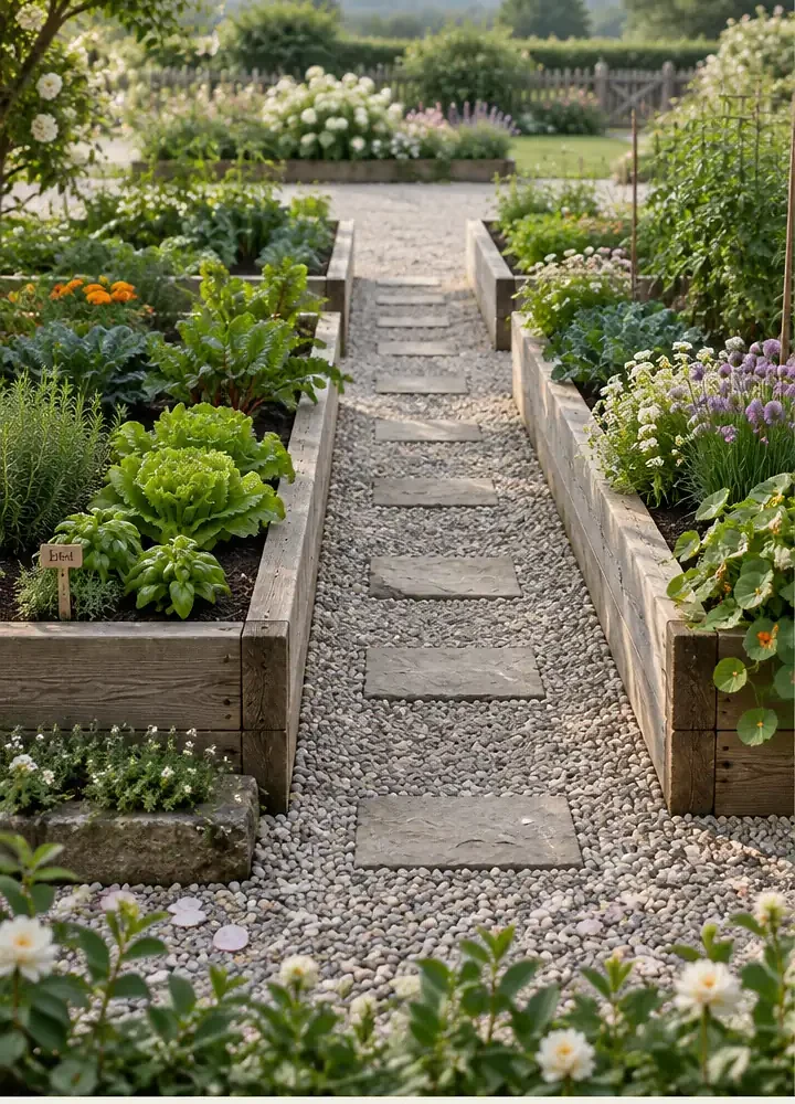 Parallel Wooden Raised Beds With Gravel Garden Pathways