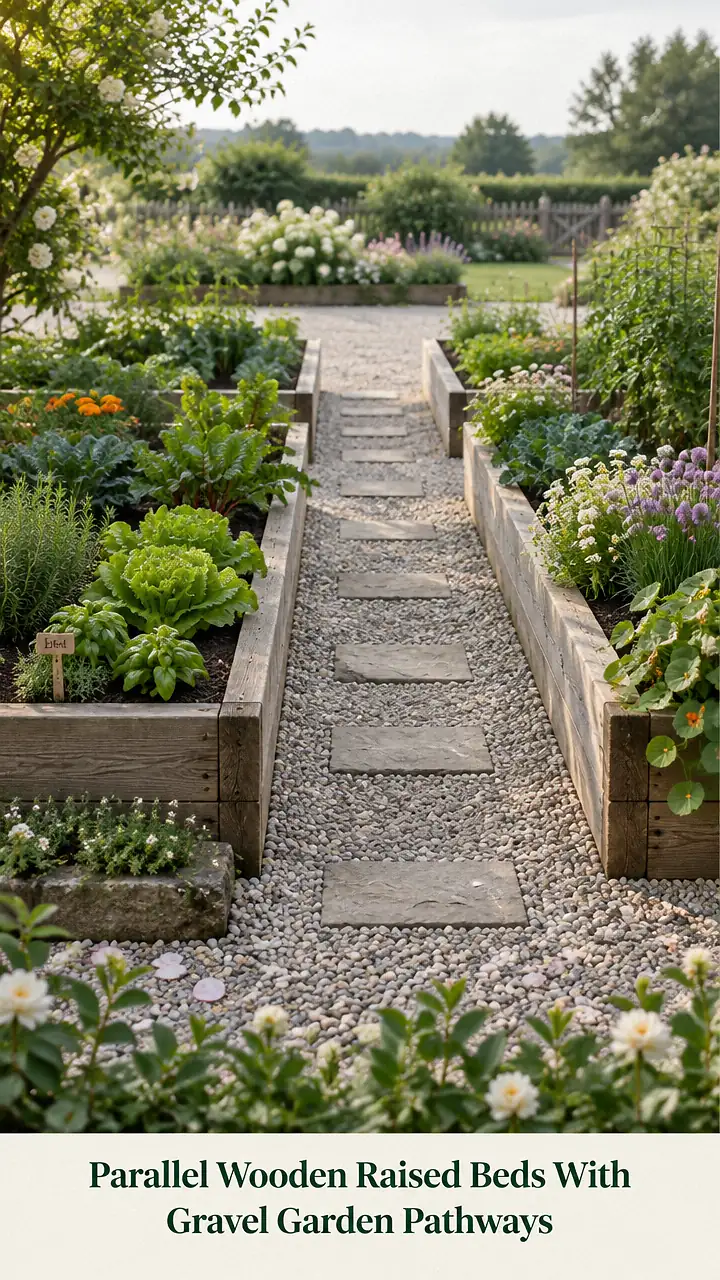 Parallel Wooden Raised Beds With Gravel Garden Pathways