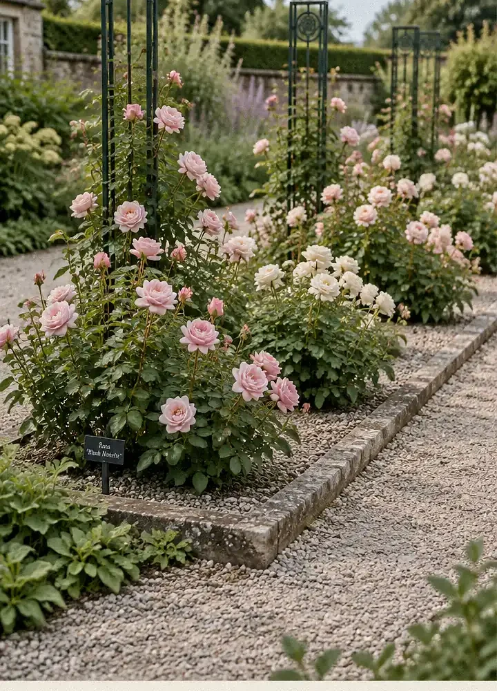 Rectangular Blush Rose Garden With Elegant Gravel Borders