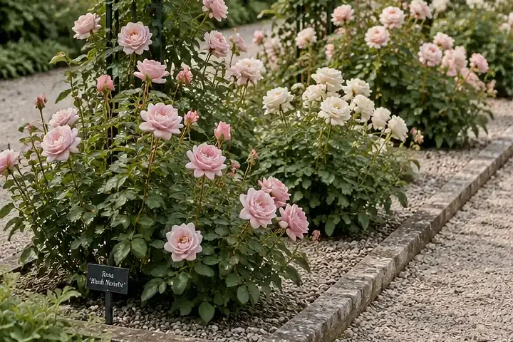Rectangular Blush Rose Garden With Elegant Gravel Borders
