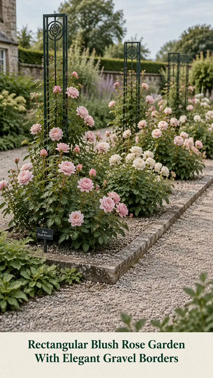 Rectangular Blush Rose Garden With Elegant Gravel Borders