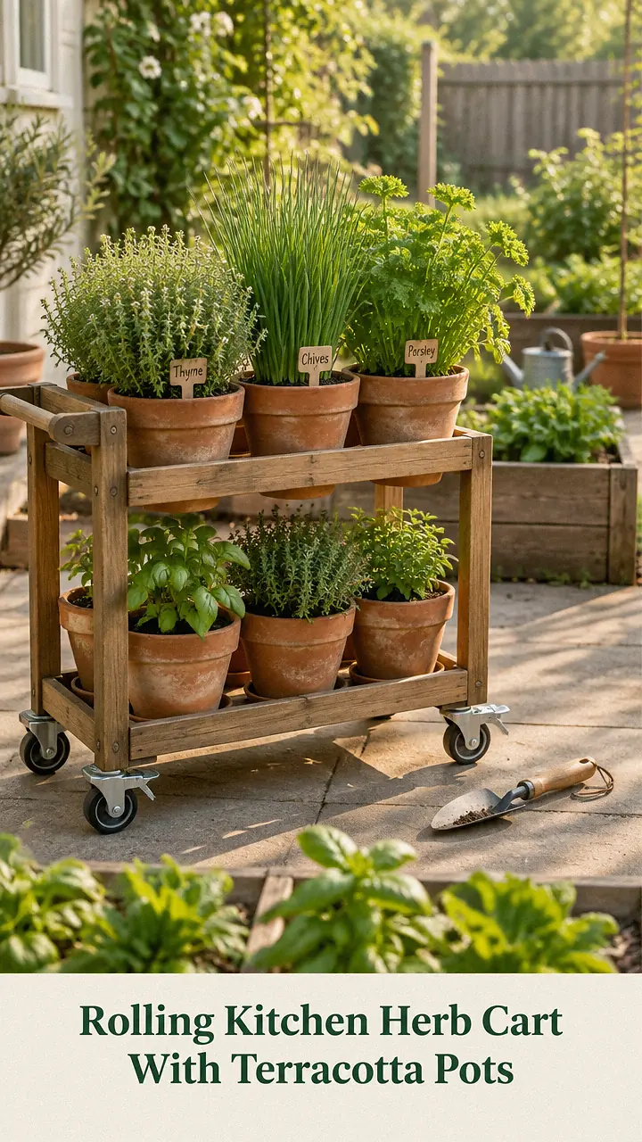 Rolling Kitchen Herb Cart With Terracotta Pots
