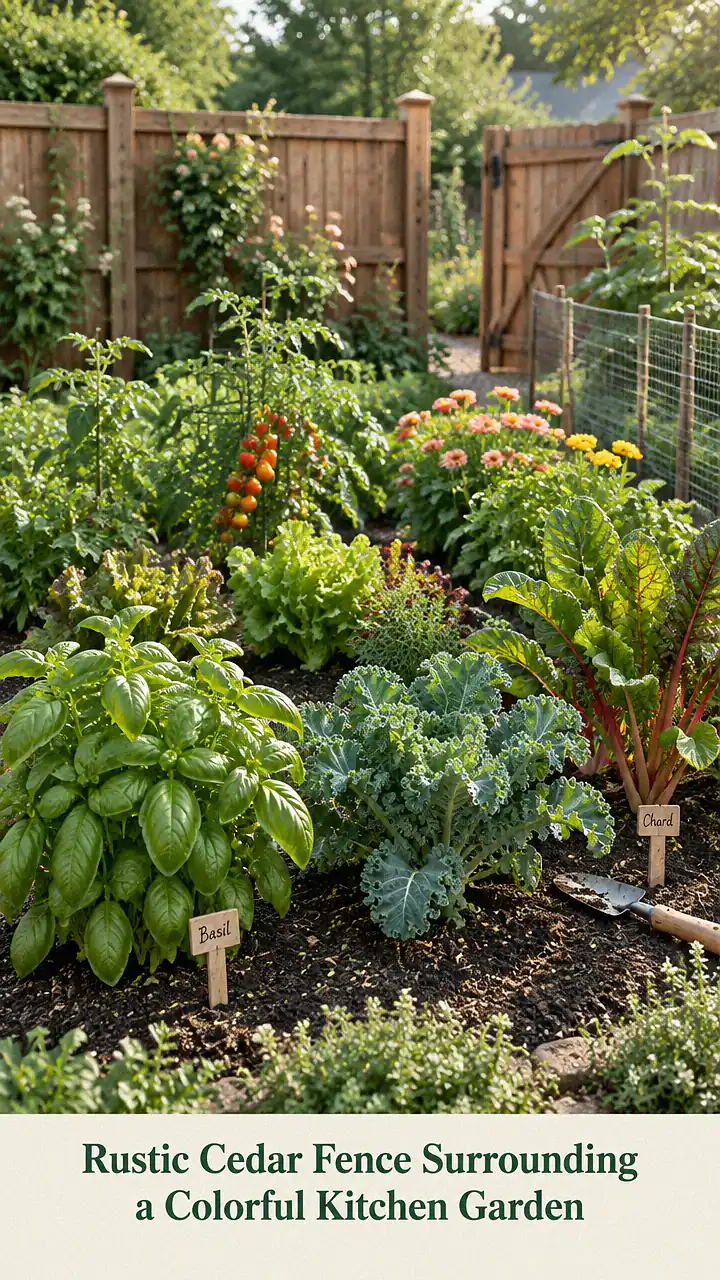 Rustic Cedar Fence Surrounding a Colorful Kitchen Garden