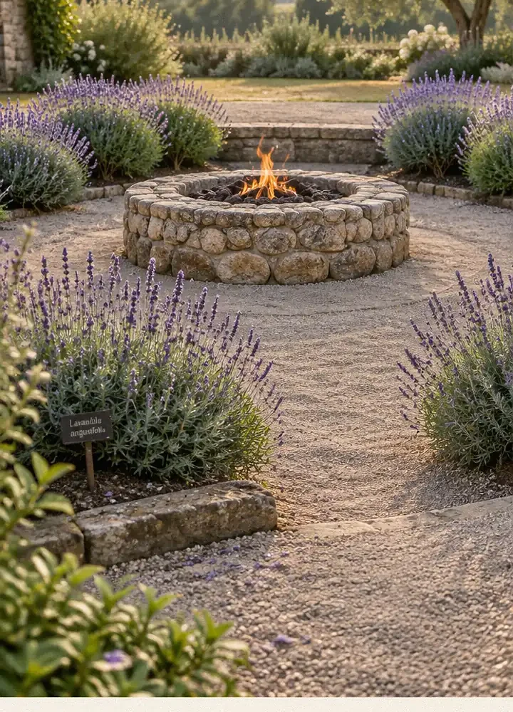Rustic Fieldstone Fire Pit With Lavender Garden Borders