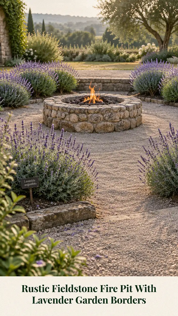 Rustic Fieldstone Fire Pit With Lavender Garden Borders