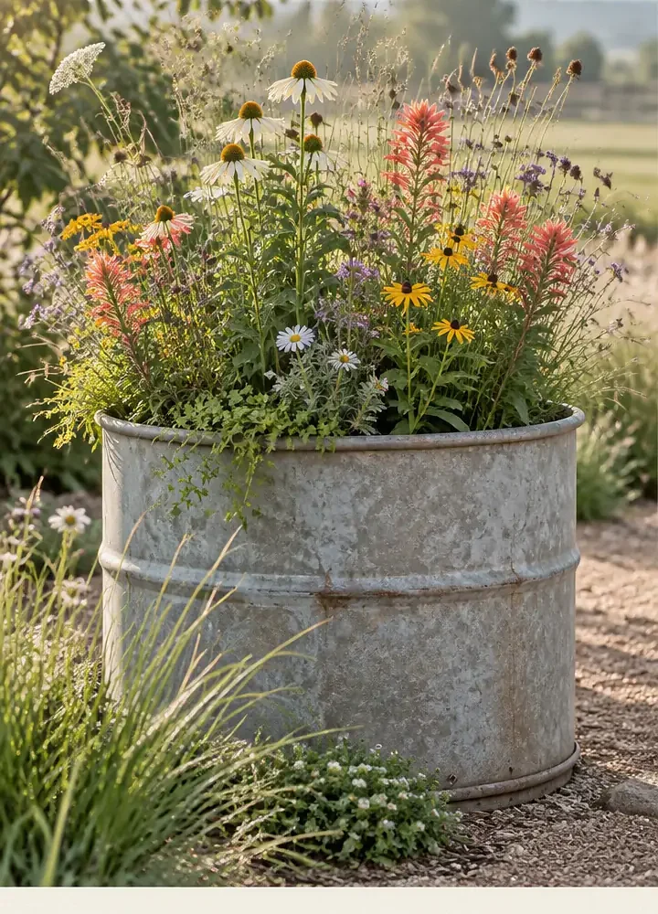 Rustic Galvanized Drum Filled With Colorful Wildflowers