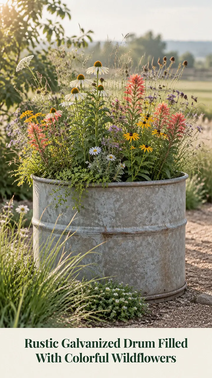 Rustic Galvanized Drum Filled With Colorful Wildflowers