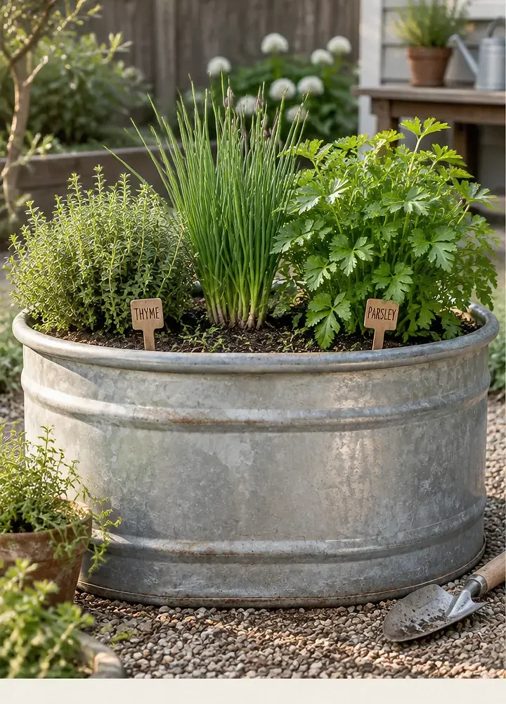 Rustic Galvanized Stock Tank Filled With Fresh Kitchen Herbs