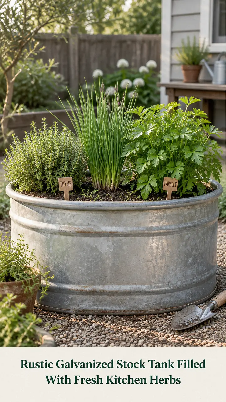 Rustic Galvanized Stock Tank Filled With Fresh Kitchen Herbs