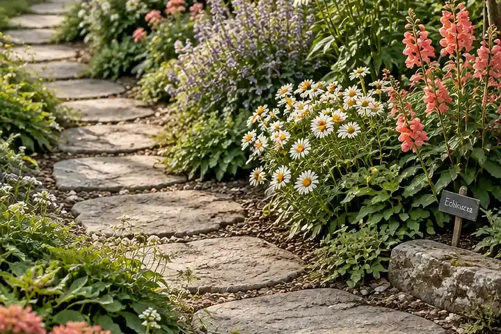 Rustic Stone Pathway With Colorful Cottage Flowers