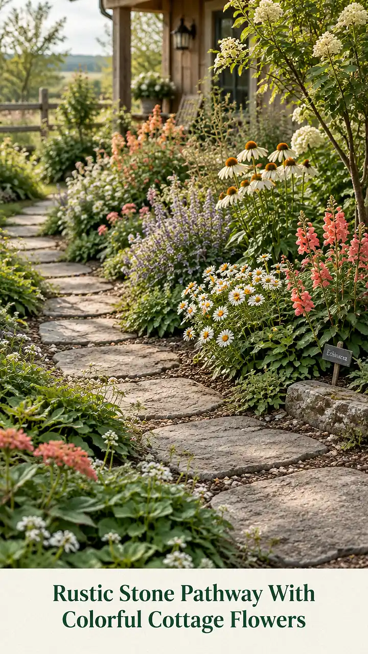 Rustic Stone Pathway With Colorful Cottage Flowers
