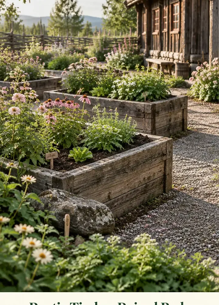 Rustic Timber Raised Beds Beside a Nordic Longhouse