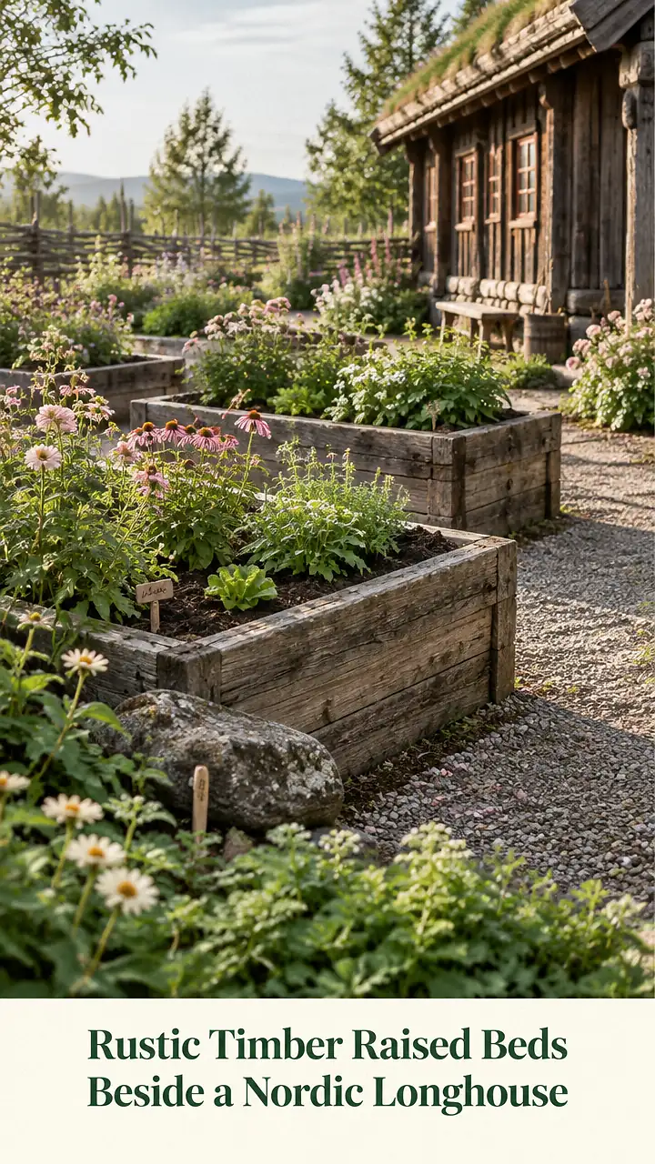 Rustic Timber Raised Beds Beside a Nordic Longhouse