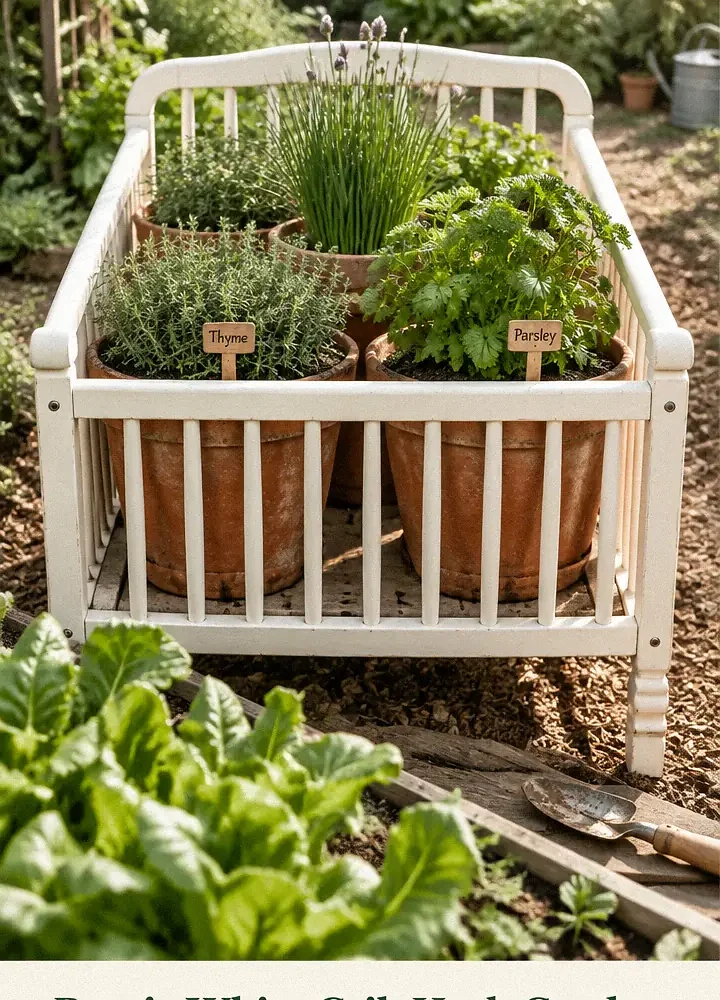 Rustic White Crib Herb Garden With Terracotta Pots