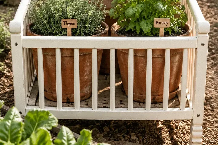 Rustic White Crib Herb Garden With Terracotta Pots