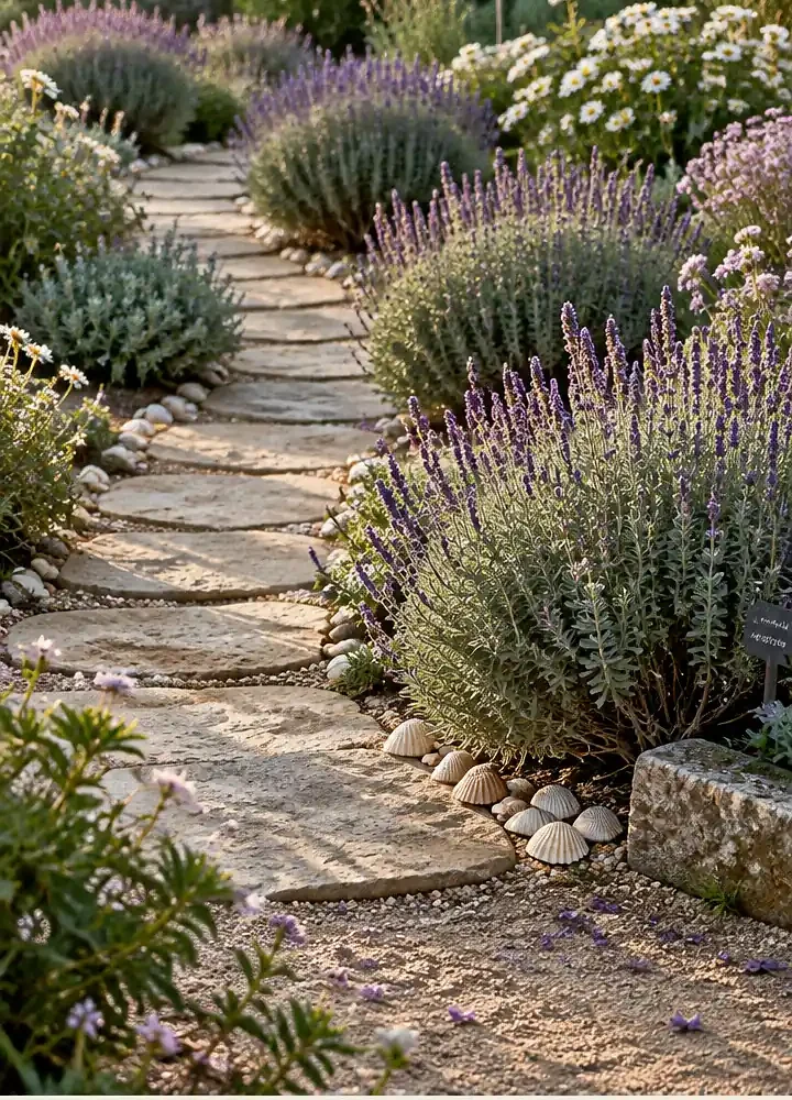 Seashell-Lined Flagstone Walkway With Lavender And Coastal Flowers