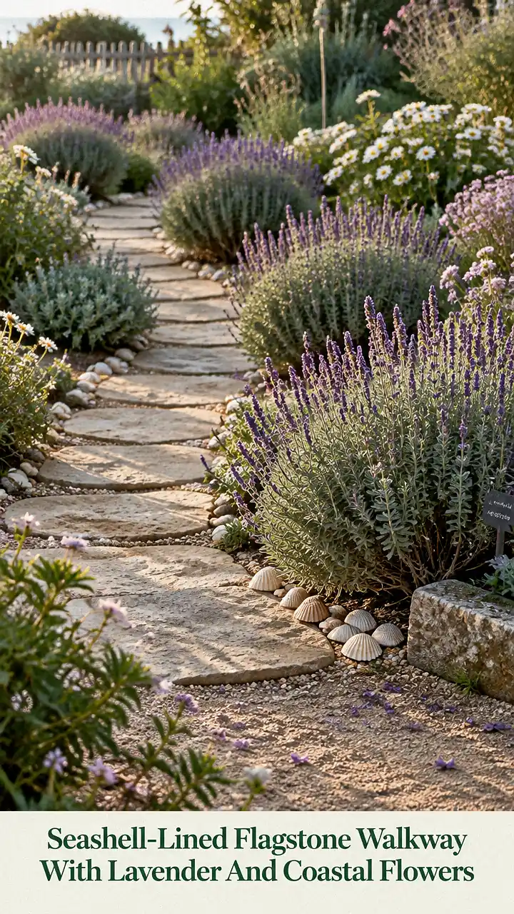 Seashell-Lined Flagstone Walkway With Lavender And Coastal Flowers