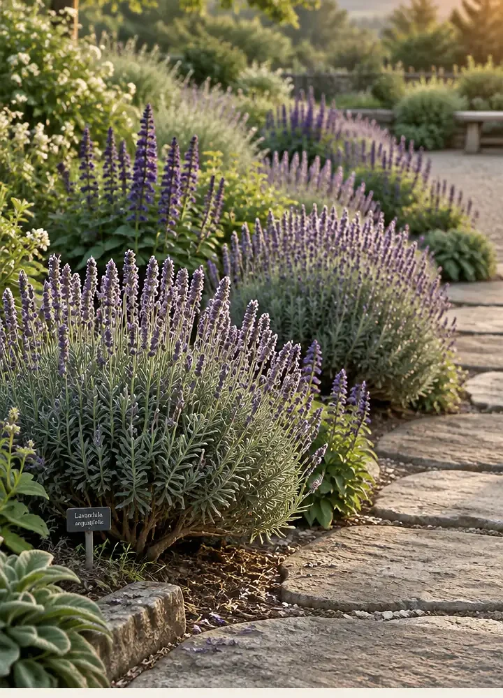 Sunset Lavender and Salvia Border Along a Stone Path