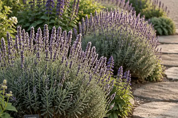 Sunset Lavender and Salvia Border Along a Stone Path