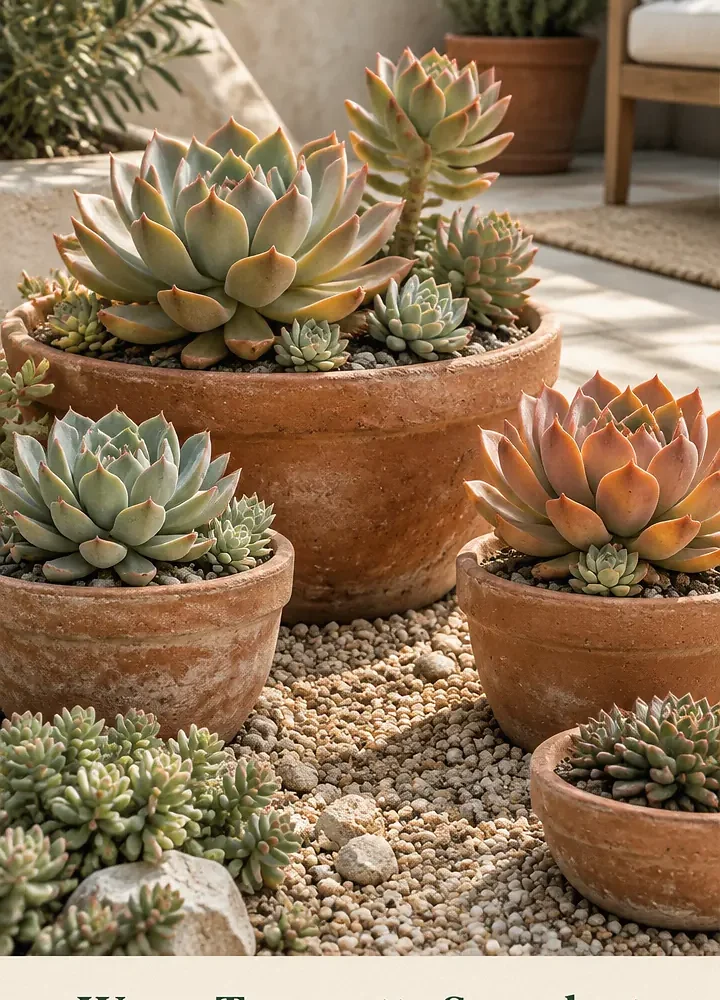 Warm Terracotta Succulent Cluster on a Sunny Patio