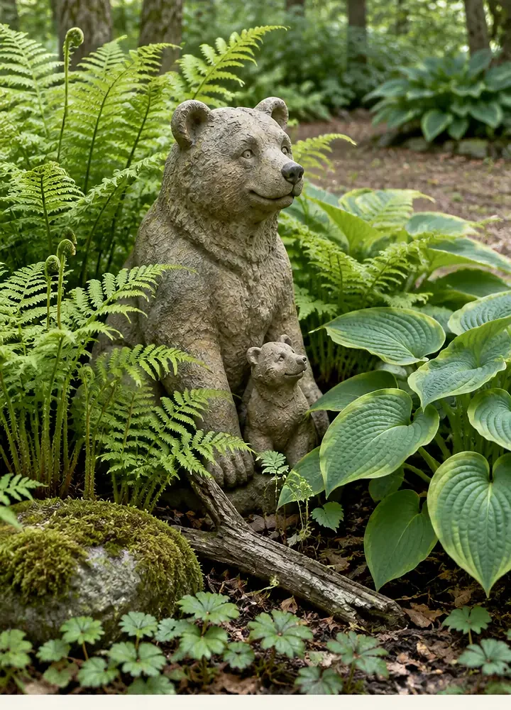 Woodland Stone Bear Surrounded by Ferns and Hostas