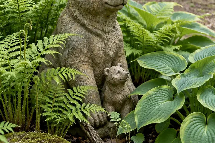 Woodland Stone Bear Surrounded by Ferns and Hostas