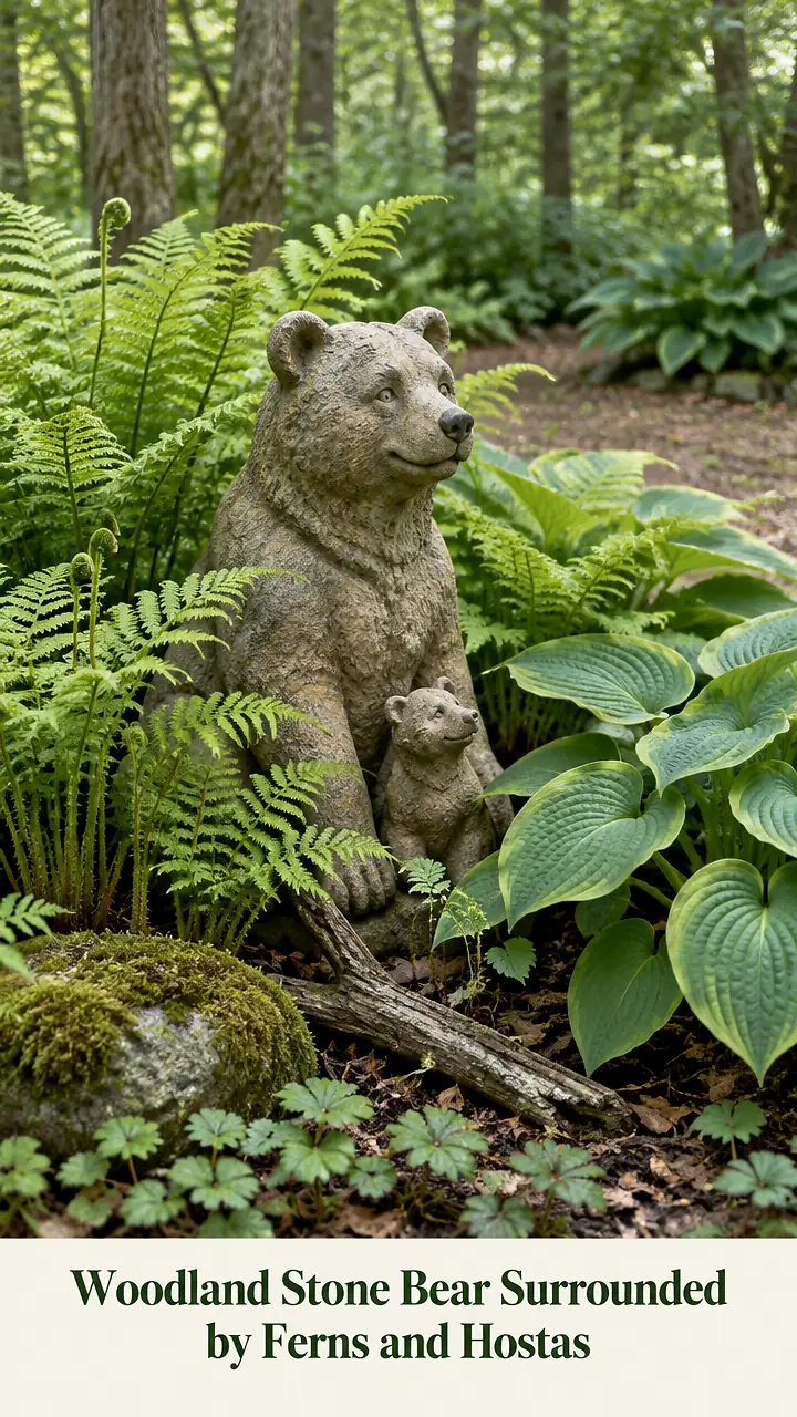 Woodland Stone Bear Surrounded by Ferns and Hostas
