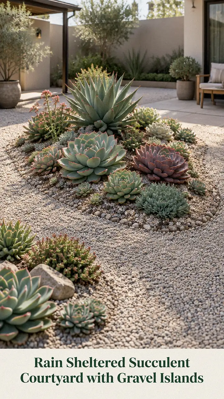 Rain Sheltered Succulent Courtyard with Gravel Islands