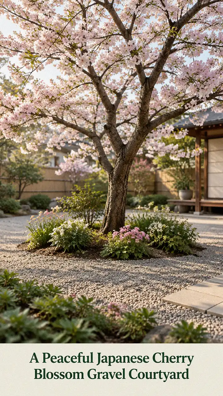 A Peaceful Japanese Cherry Blossom Gravel Courtyard