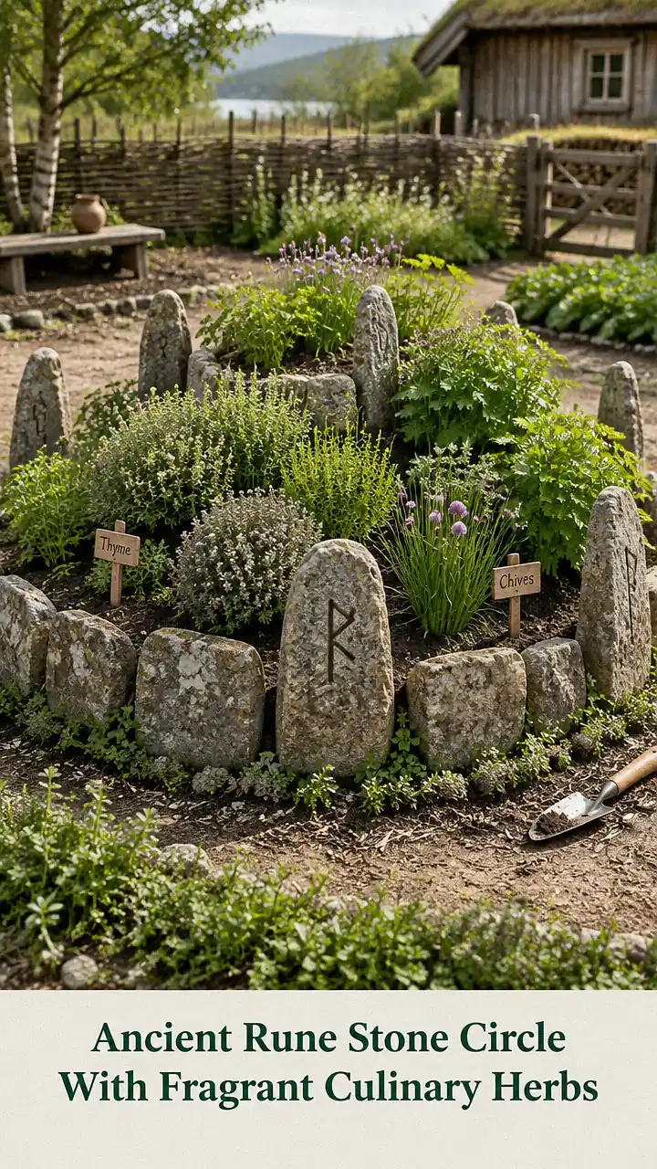 Ancient Rune Stone Circle With Fragrant Culinary Herbs