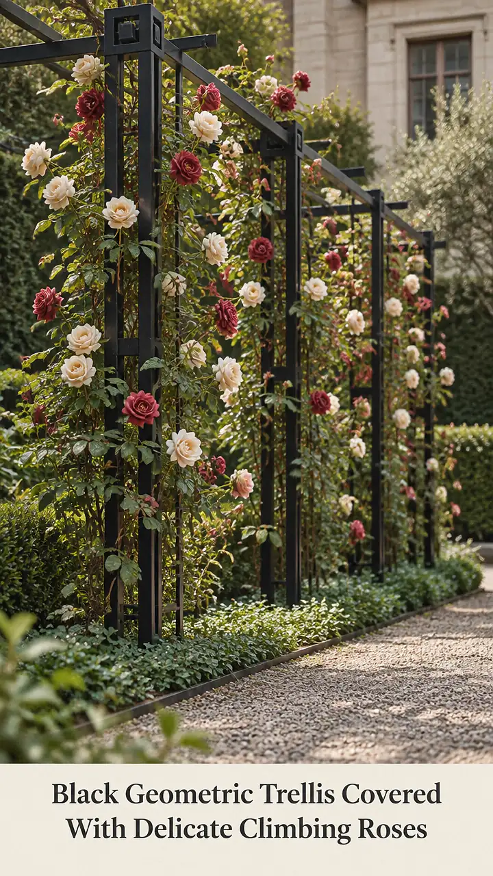 Black Geometric Trellis Covered With Delicate Climbing Roses