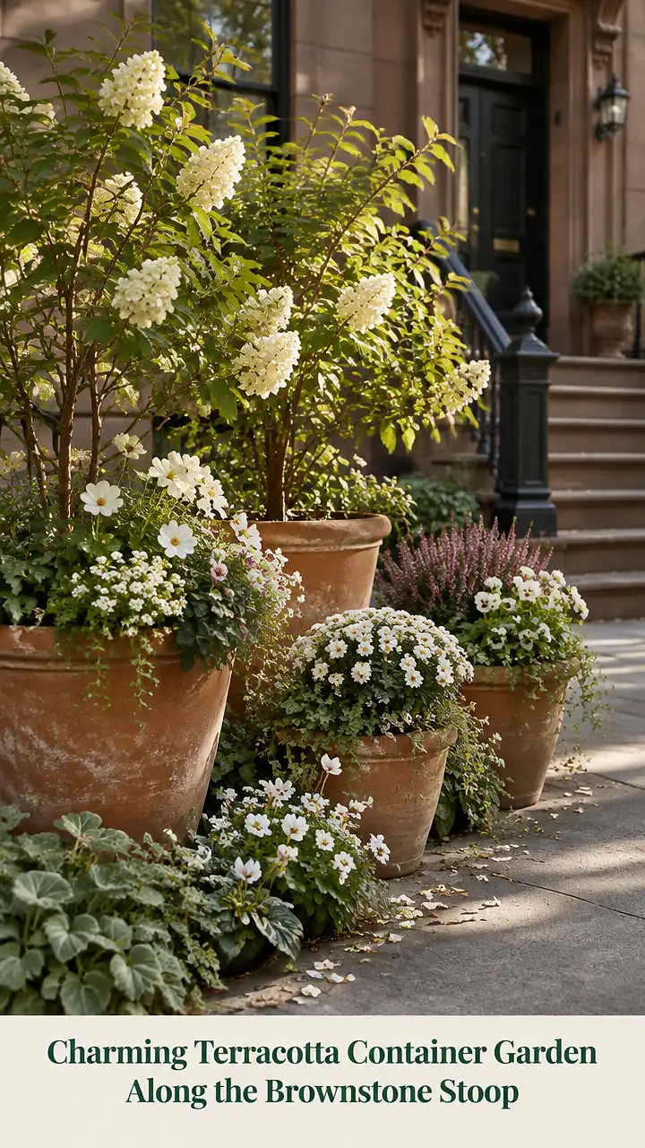 Charming Terracotta Container Garden Along the Brownstone Stoop