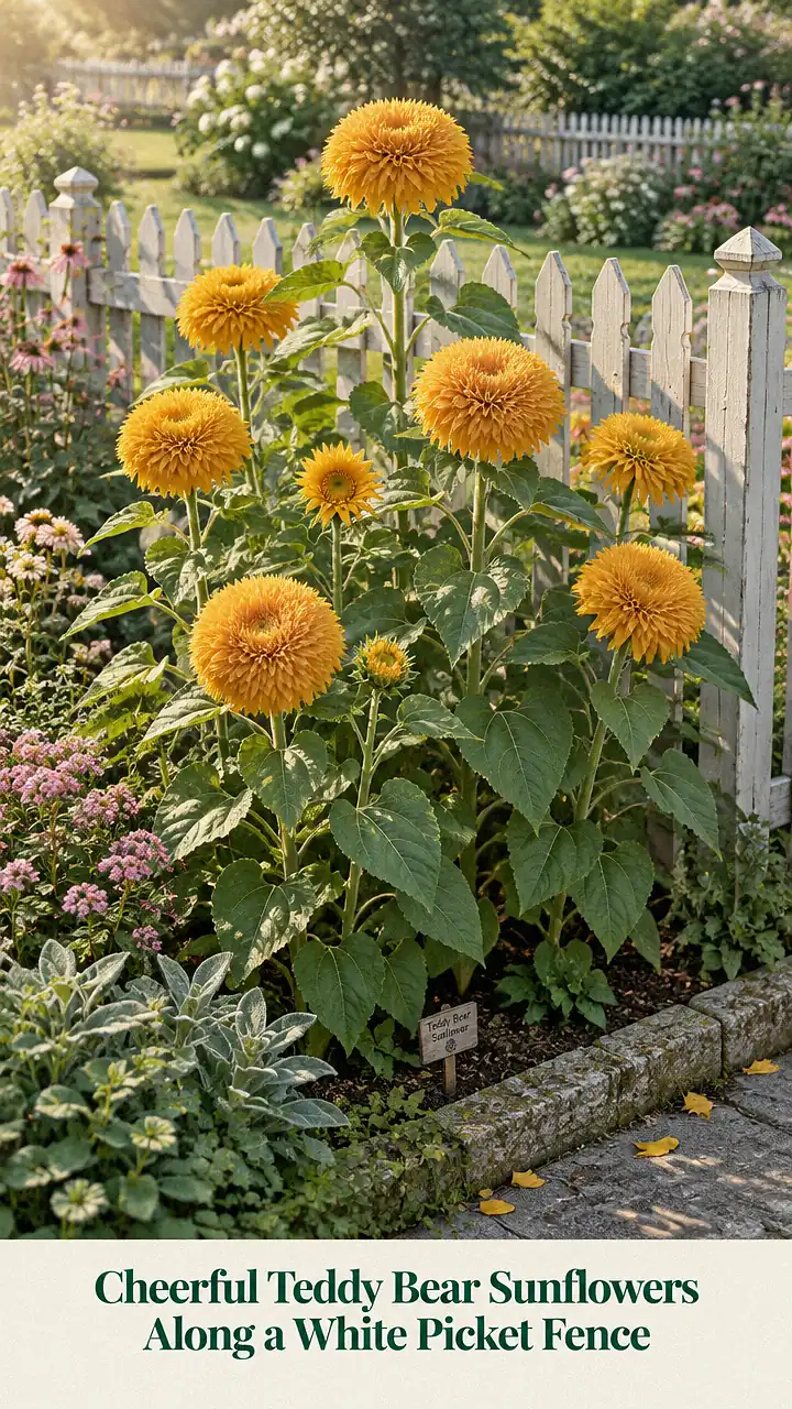 Cheerful Teddy Bear Sunflowers Along a White Picket Fence