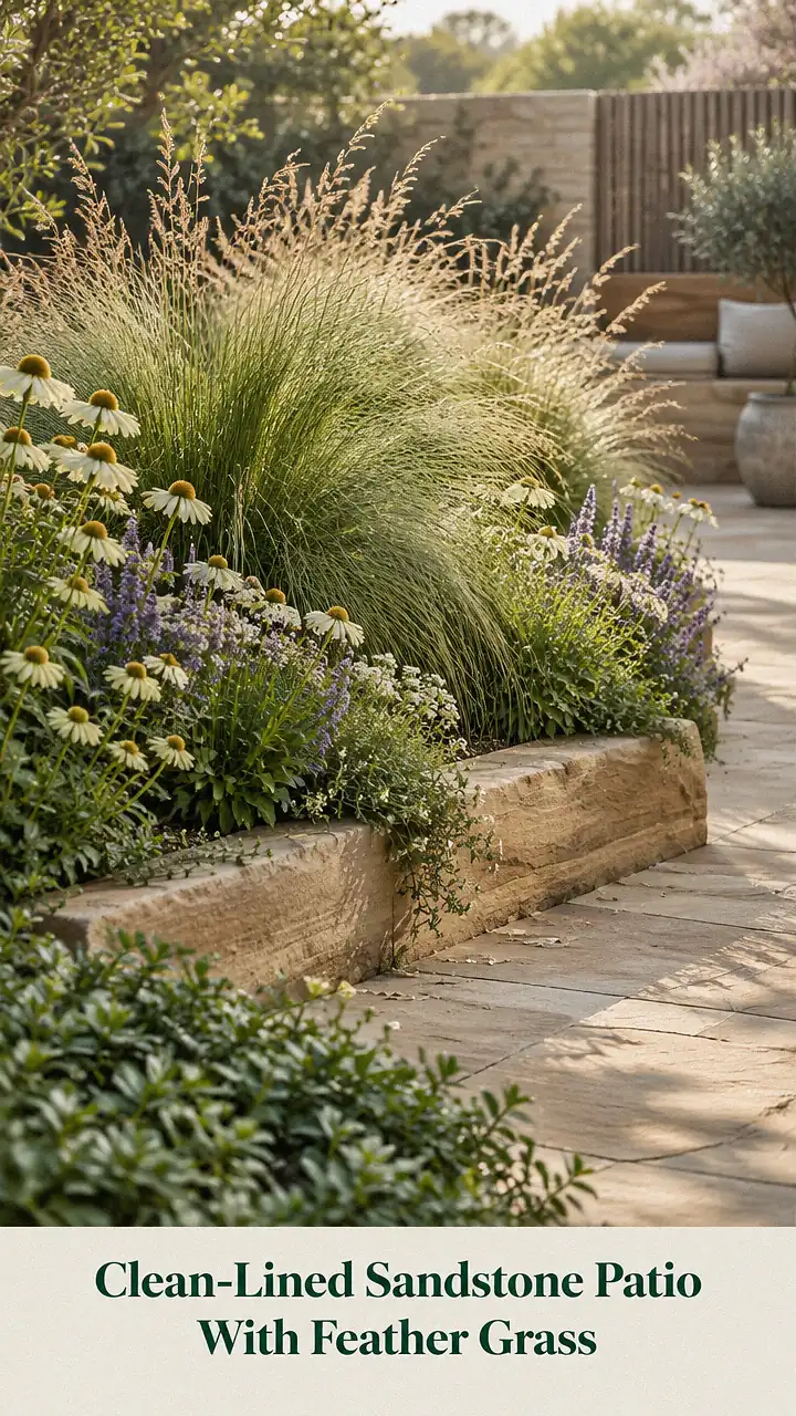 Clean-Lined Sandstone Patio With Feather Grass