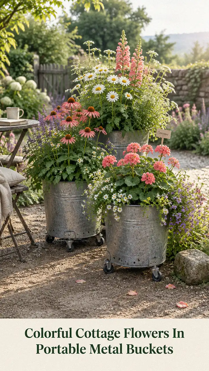 Colorful Cottage Flowers In Portable Metal Buckets
