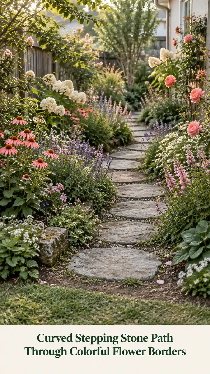Curved Stepping Stone Path Through Colorful Flower Borders