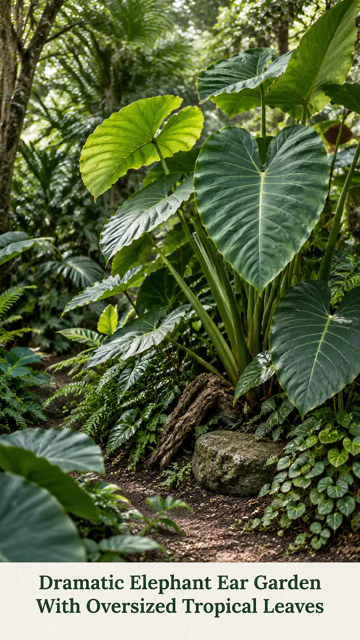 Dramatic Elephant Ear Garden With Oversized Tropical Leaves