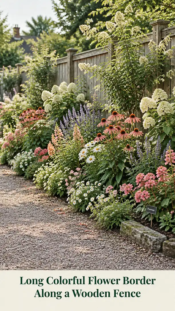 Long Colorful Flower Border Along a Wooden Fence