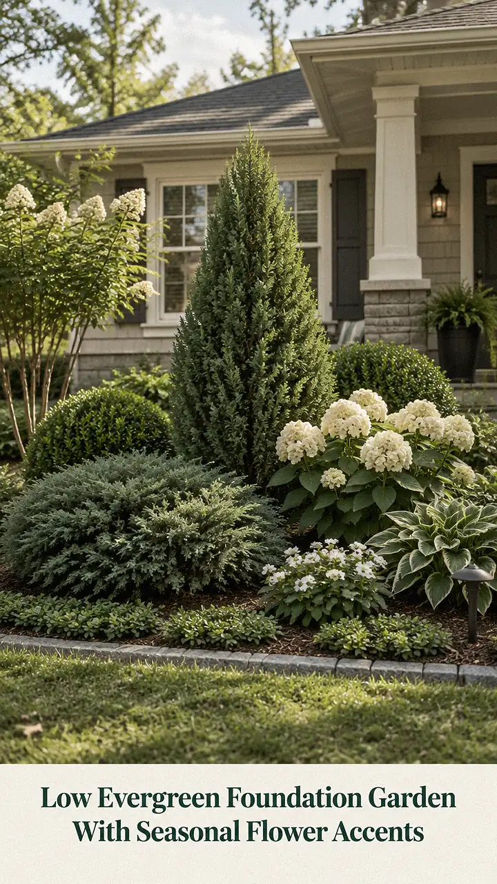 Low Evergreen Foundation Garden With Seasonal Flower Accents