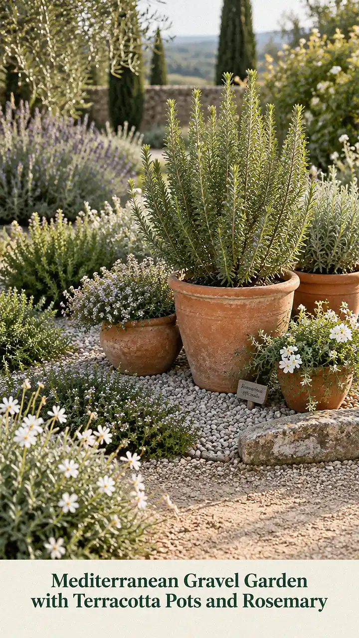 Mediterranean Gravel Garden with Terracotta Pots and Rosemary