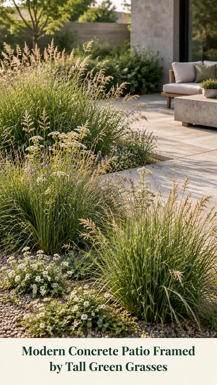Modern Concrete Patio Framed by Tall Green Grasses